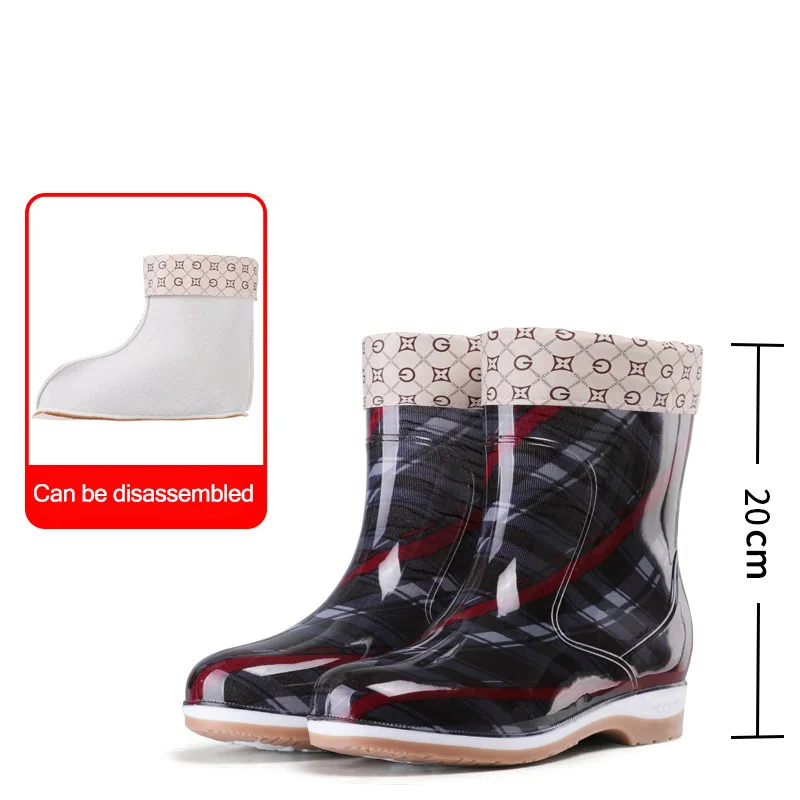 Высокие резиновые сапоги женская модная обувь в клетку до середины икры женские