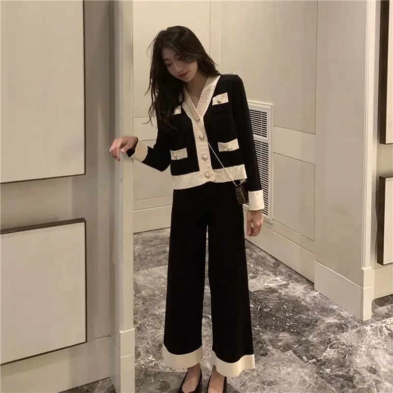 Women Autumn Cardigans Pants Suit Knitted Long Sleeve Sexy V-neck Single Breasted Sweater And Trousers Elegant Korean Office Set |