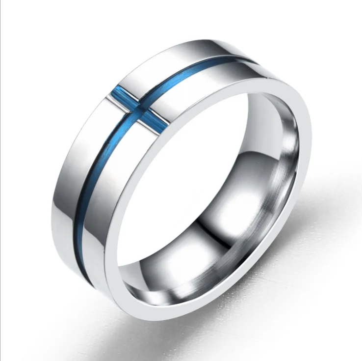 

Hot style jewelry cross stainless steel couple ring European and American fashion titanium blue gold engagement ring wholesale