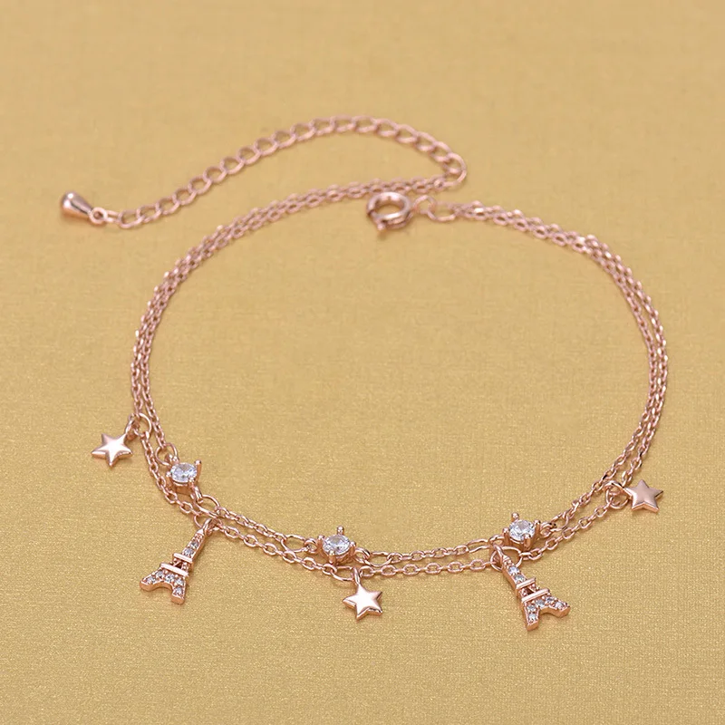 Good Quality Korea Style Rose Gold Rhinestone Crystal Star Eiffel Tower Charm Anklets Jewelry For Gifts | Украшения и аксессуары