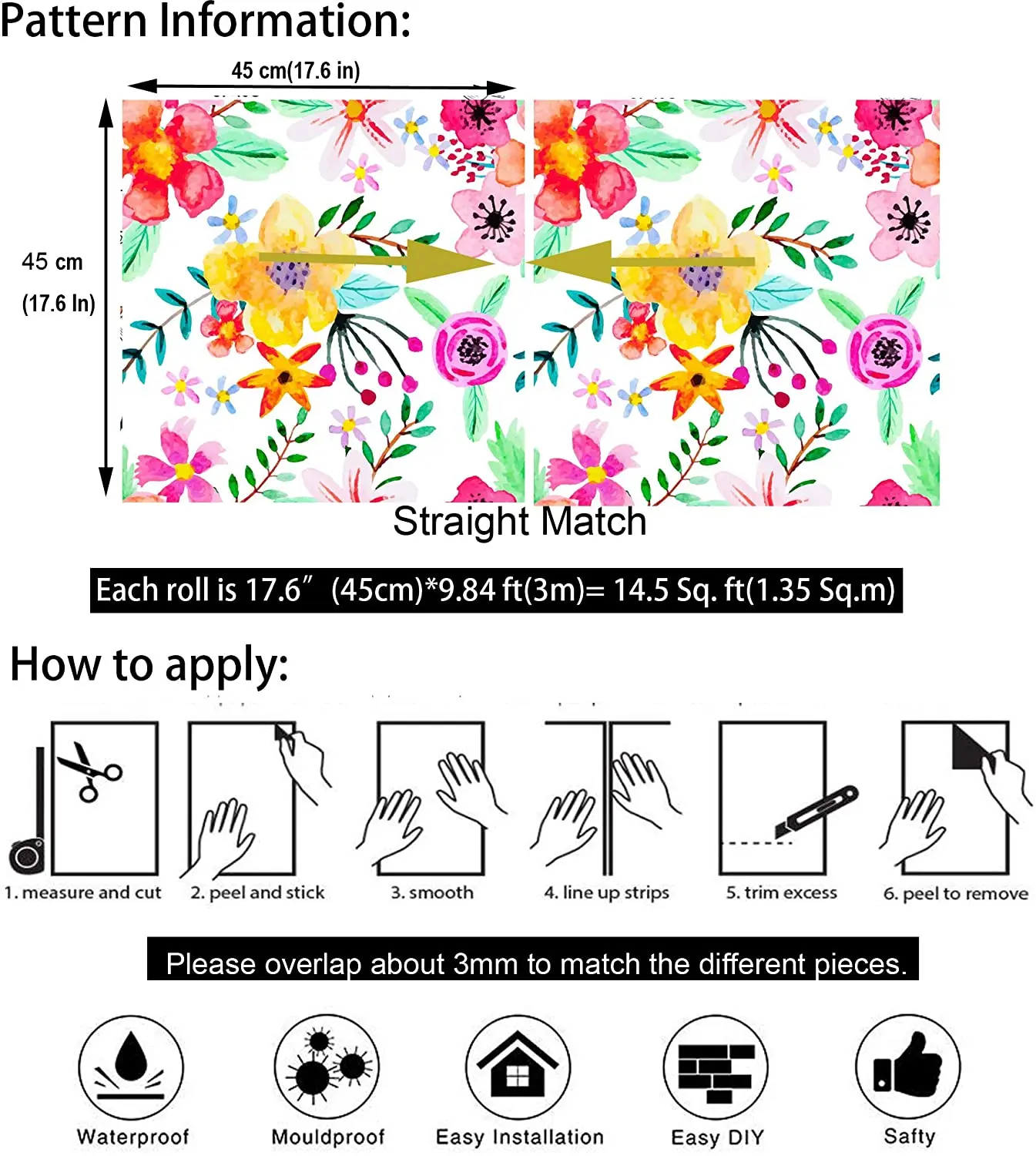 

Peel And Stick Handpainting Seamless Watercolor Red/Yellow/Purple Flower Green Leaves Self-Adhesive Wallpapers For Home Decor