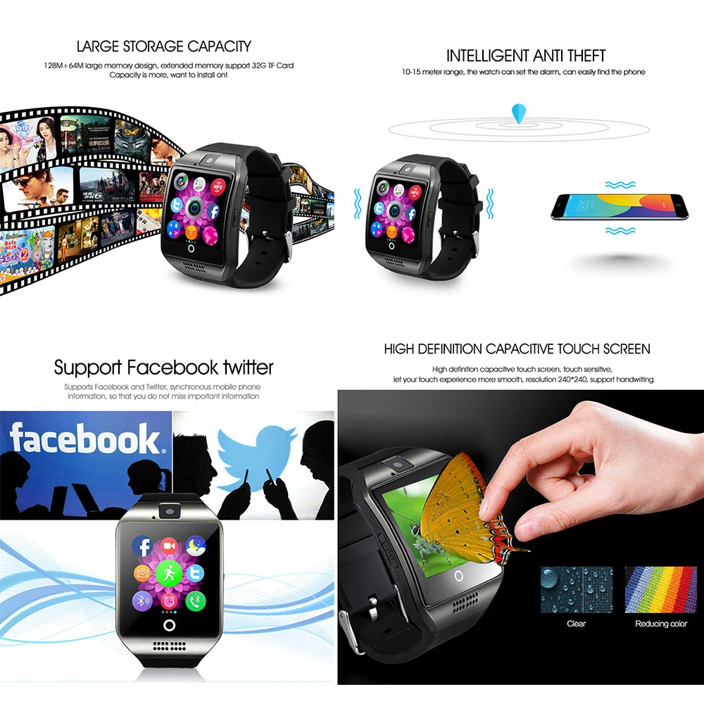 new digital touch screen smart watch for men women q18 camera bluetooth wristwatch sim card bracelet for ios android phones free global shipping