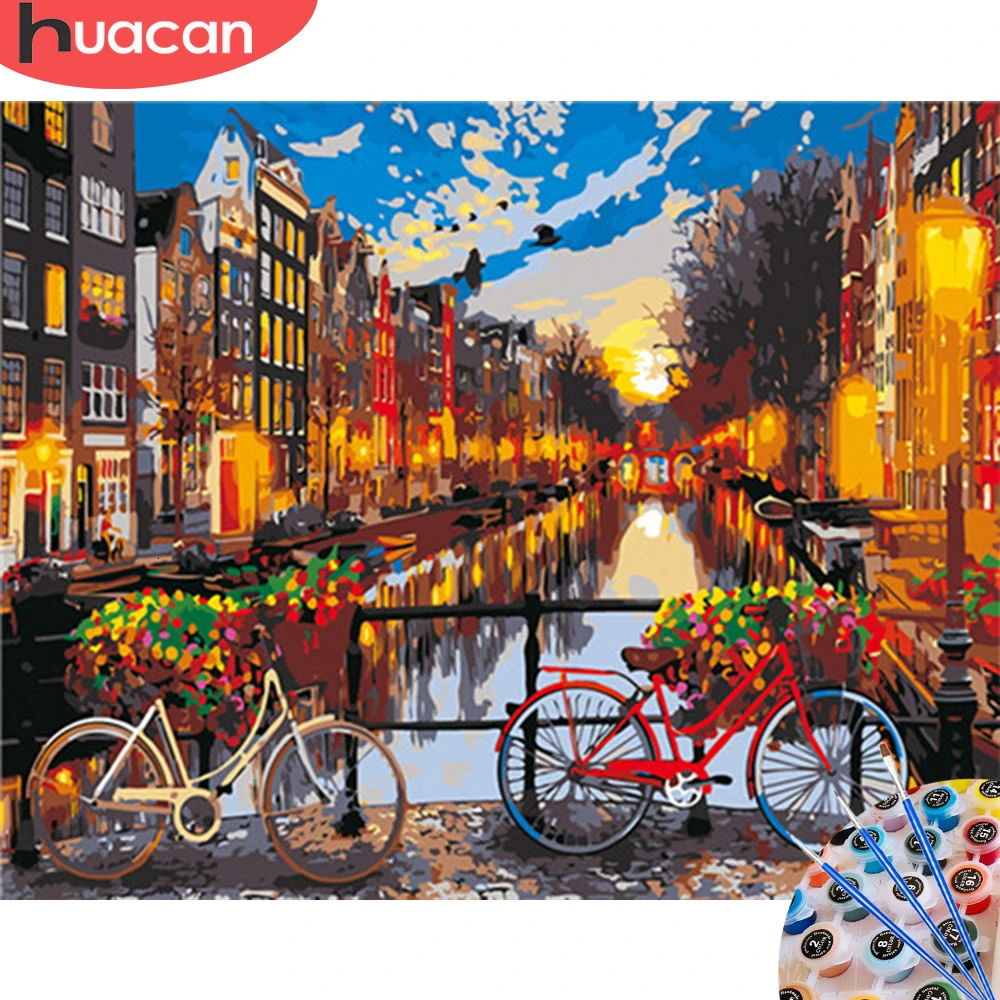 HUACAN картина маслом по номерам пейзаж акриловый рисунок Холст Картина велосипеда