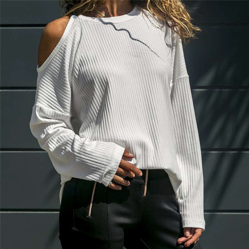 Женская Сексуальная футболка с одним открытым плечом свитер длинным рукавом