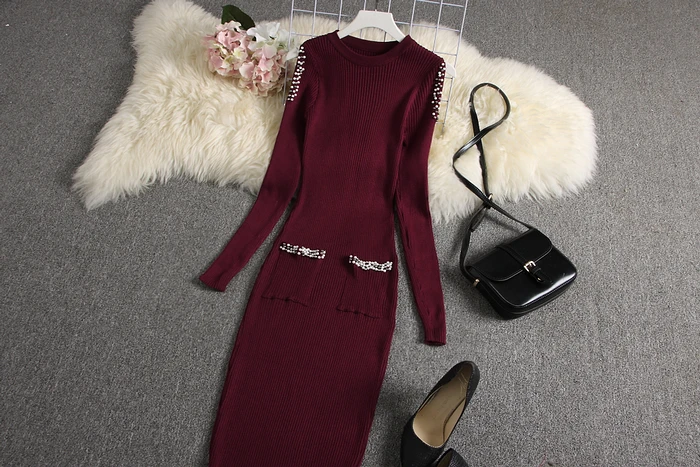 ALPHALMODA новое женское ажурное осеннее трикотажное платье с длинными рукавами, облегающее женское элегантное эластичное платье