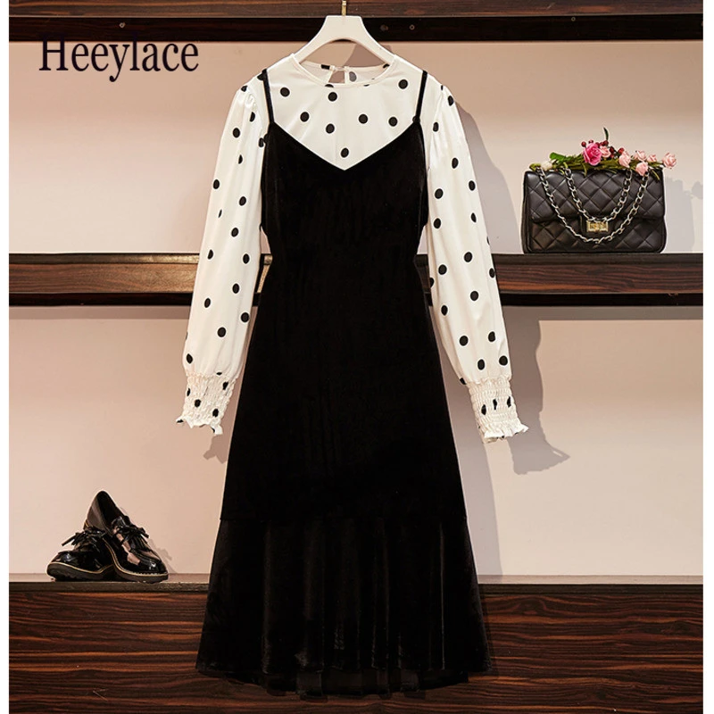 

Autumn Vintage 2 Piece Set Women Polka Dot Long Sleeve Chiffon Blouse And Spaghetti Straps Velvet Dresses Suits 2020