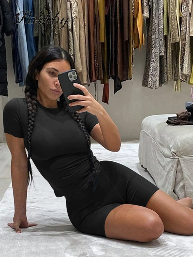 

Poshby Summer Women Ribbed Solid 2 Piece Set Casual O-Neck Short Sleeve Tee+stretch Skinny Shorts Outfit 2021 Active Sportwear