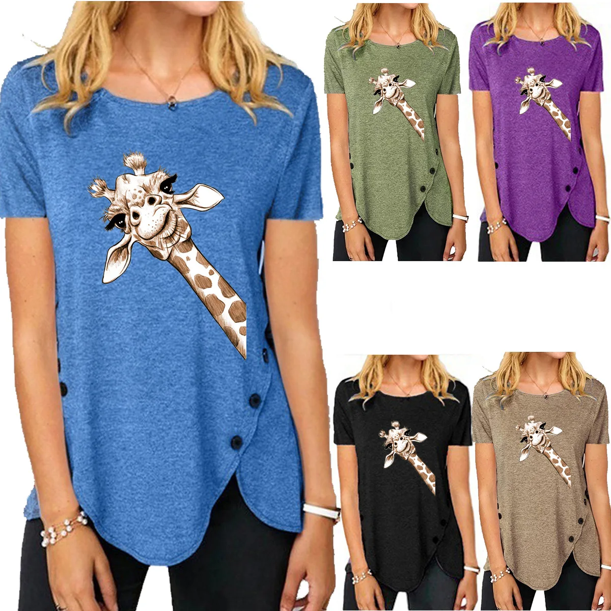 

Large Size 5XL Women Giraffe Print Short Sleeve Tshirt 2021 New Irregular Button Casual Loose T-shirt Female O-Neck Clothing Top