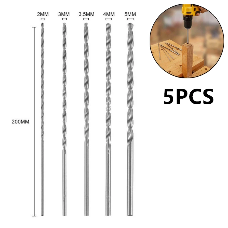 

5pcs Extra Long Drill Bit 200mm HSS Straight Shank Auger Twist. Drill Bits Power Tool For Wood Metal Drilling 2/3/3.5/4/5mm Dia