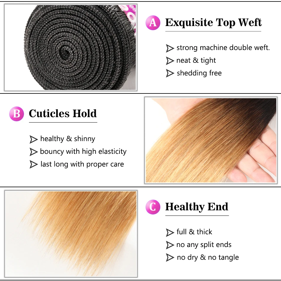 Прямые бразильские волосы пряди омбре с закрытием 1B/27 Remy человеческих волос