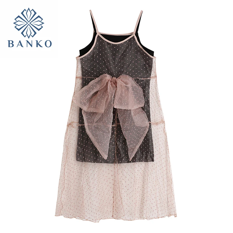 

Summer 2021 New Korean Sweet 2-Piece Dress For Women's Black Bottom A-Line Sling Dress And Pink Bow Gauzer Suspender Dress Lady
