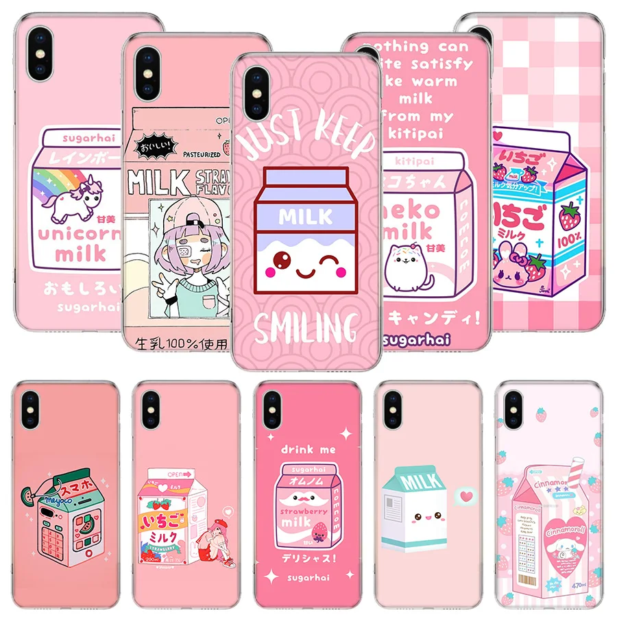 

Kawaii Japanese Strawberry Milk Box Phone Case For iPhone 11 12 13 Pro XS XR X Max 7 8 6 6S Plus Mini + 5 SE Pattern Customized