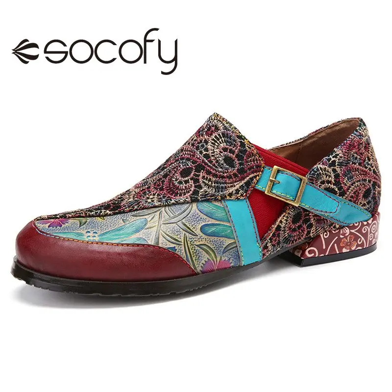 

SOCOFY Women Ethnic Retro Style Loafers Leather Flower Embossed Pattern Buckle Zip Flat Casual Outdoor Shoes 2020