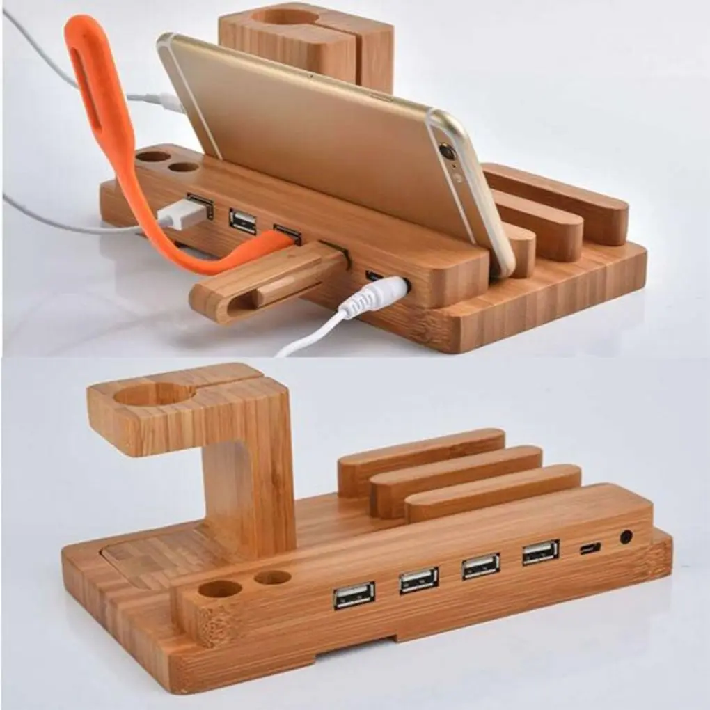 

2020 New Portable 4 USB Ports Bamboo Charging Station Phone Holder Wood Organizer Tablets Watch Charger Stand