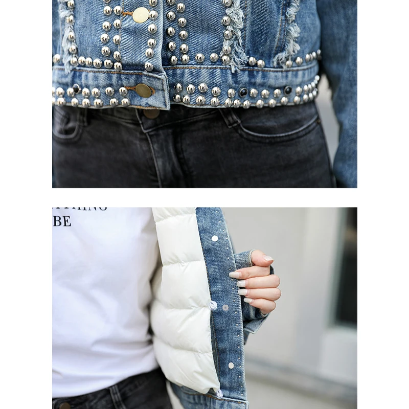 

Max LuLu New Korean Designer Winter Womens Punk Coats Ladies Pearls Real Fur Collar Down Denim Jackets Female Casual Warm Parkas