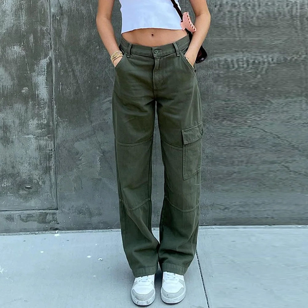 

Повседневные винтажные зеленые брюки-карго, женские модные хлопковые джинсы с высокой талией, армейские джинсовые брюки в стиле милитари с ...
