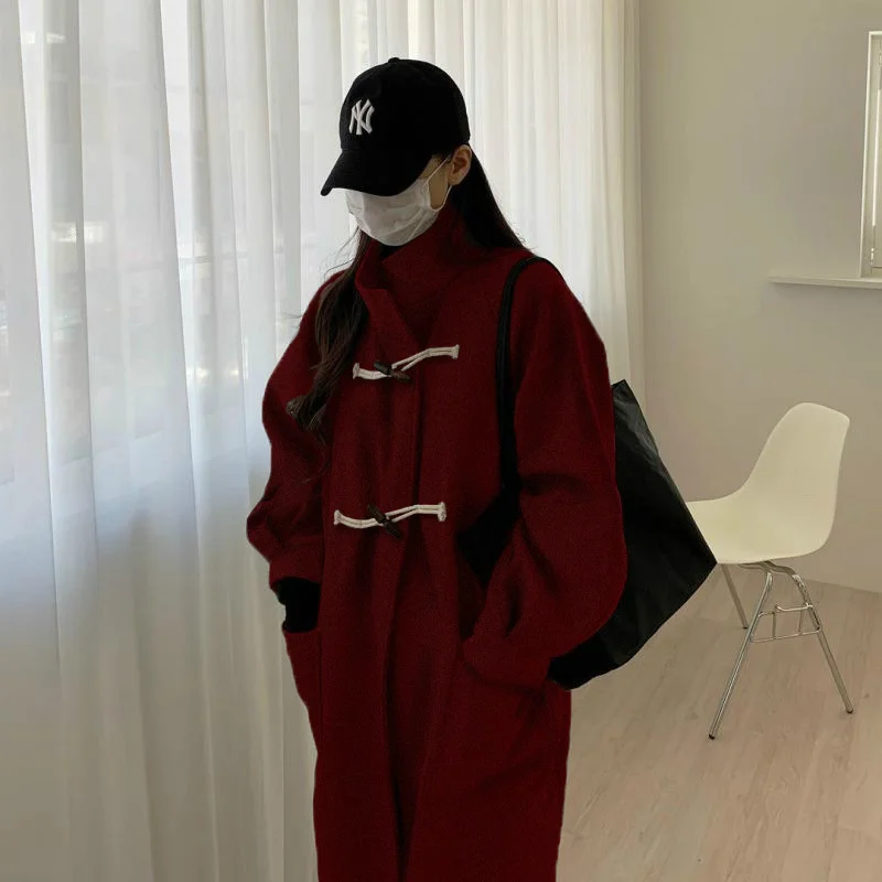 

2021 Winter Korean Two Wooden Buckles Double-sided Loose Plus Size Long Black 100% Wool Coat Women Woolen Overcoat Oversize