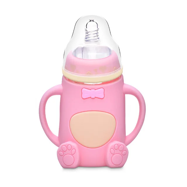 Pink 240 мл детская силиконовая бутылочка для кормления молока Mamadeira Vidro безопасный, не содержит БФА бутылочка для кормления младенцев соком и водой стеклянная бутылочка для кормления - Цвет: Pink