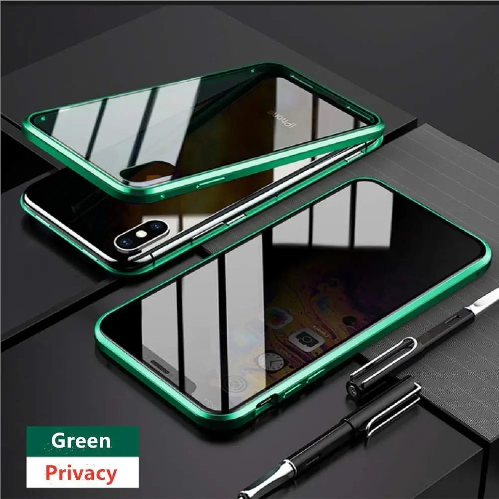 Защитный Магнитный чехол из закаленного стекла для iPhone 11 Pro Max XS MAX XR X 8 7 6s 6 Plus, магнитный металлический бампер, защита от подзорья - Цвет: Зеленый