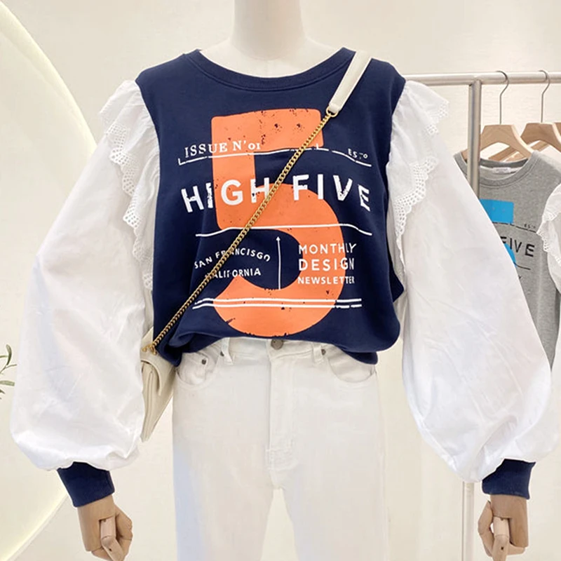 

Hip Hop Puff Sleeve Patchwork Letter Print Sweatshirt Women High Street Korean Fashion Long Sleeve Tops Harajuku New Plus Size
