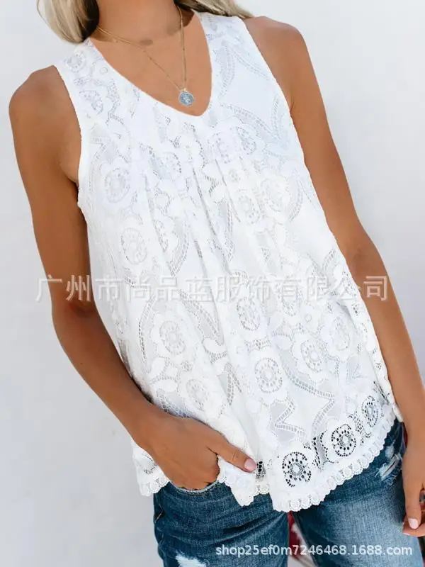 

Lace Sleeveless Blouse Woman White Hollow Out Woman Shirt Causal Harajuku Women Tops