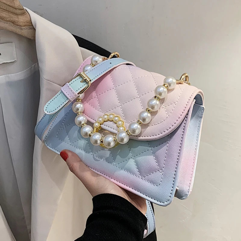 

Lattice Pearl Tote bag 2021 Summer New High-quality PU Leather Women's Designer Handbag Pearl strap Shoulder Messenger Bag
