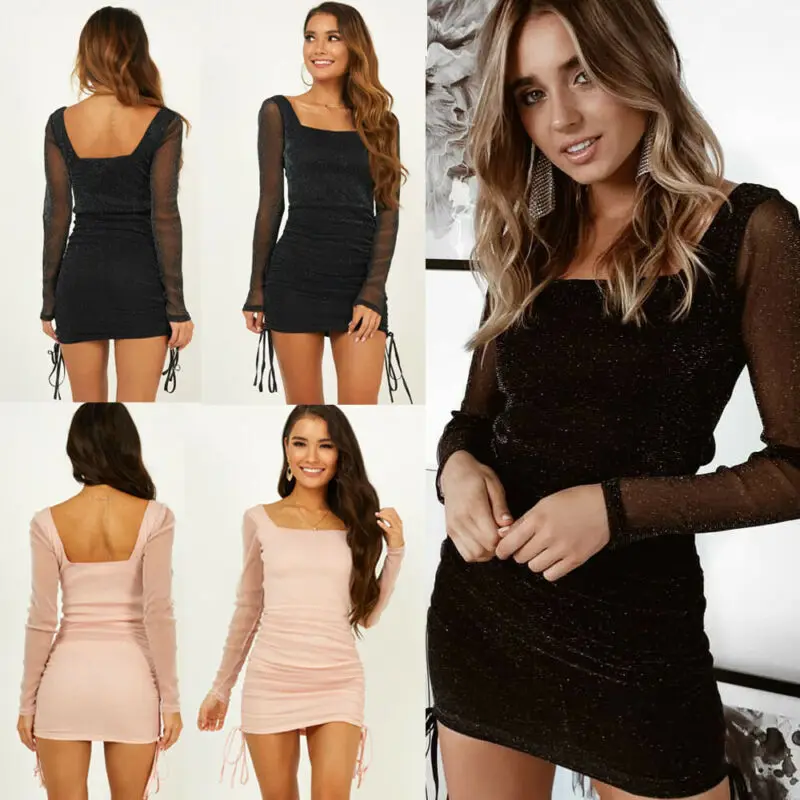 Brand New Womens Lady Bodycon Dress Bandage U Neck Bright Silk Femme Sexy Sheath Long Sleeve Party Club Mini Dresses | Женская одежда