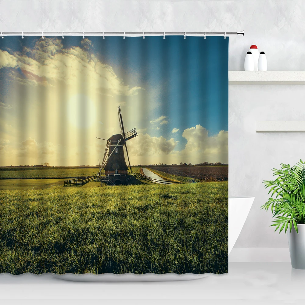 

Spring Landscape Bathroom Shower Curtains Grass Green Plants Trees Mountains Switzerland Scenery Hanging Curtain Hooks Screens