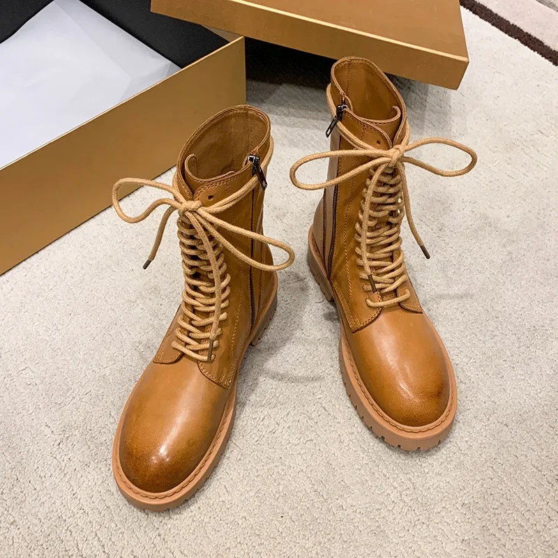 

classic genuine leather cowboy ankle boots women fashion lace-up designer thick high heel bootie round toe western zip work boot