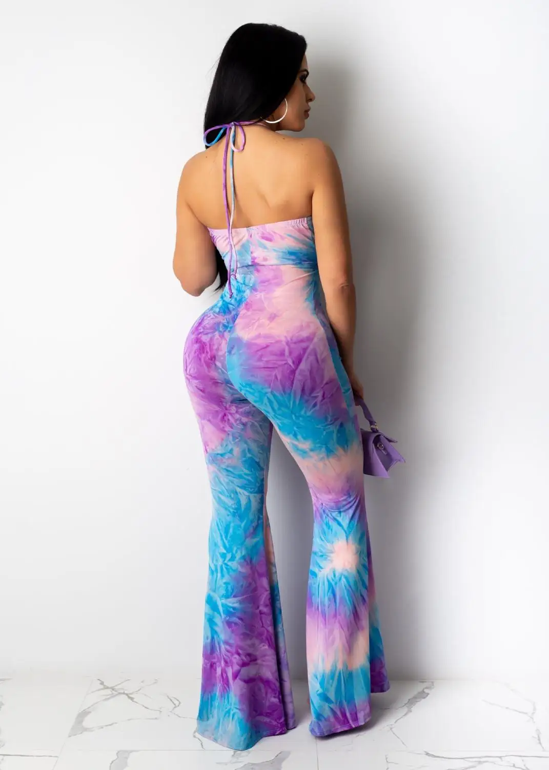 

Colorful print high street fashion sexy rompers deep v neck sleeve hollow out summer jumpsuit wide leg pants trousers