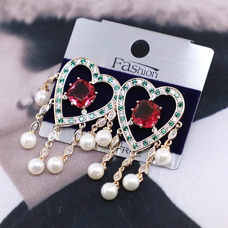 

Peach Heart Tassel Crystal Earrings Love Pearl Female Earrings 210318-33