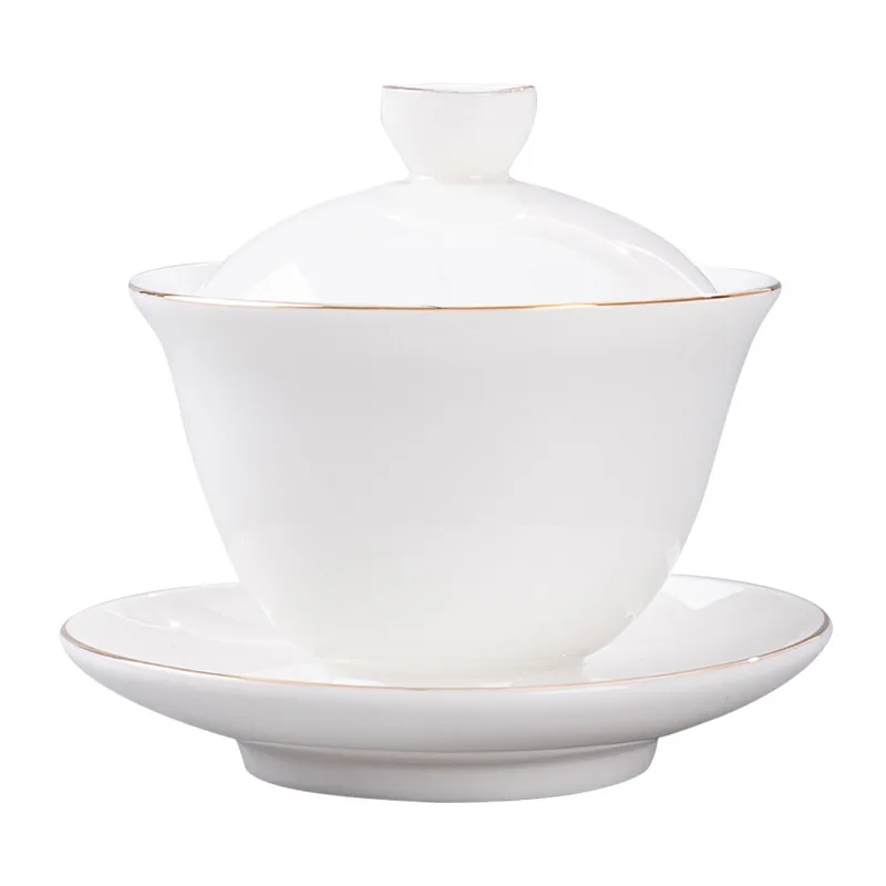 

White Porcelain Handmade Sancai Covered Bowl, Large-sized Gold-painted Kung Fu Tea Set, Tea Bowl