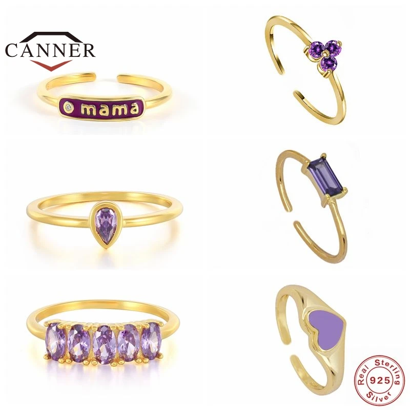 

CANNER Purple Zircon Luxury Open Size Adjustable Finger Rings 925 Sterling Silver Gold Plated Ring for Women/Men Jewelry Gifts