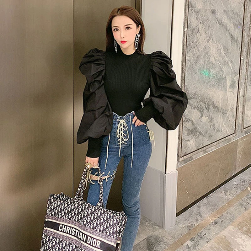 Женская трикотажная рубашка зеленая/черная/белая с рукавами-фонариками