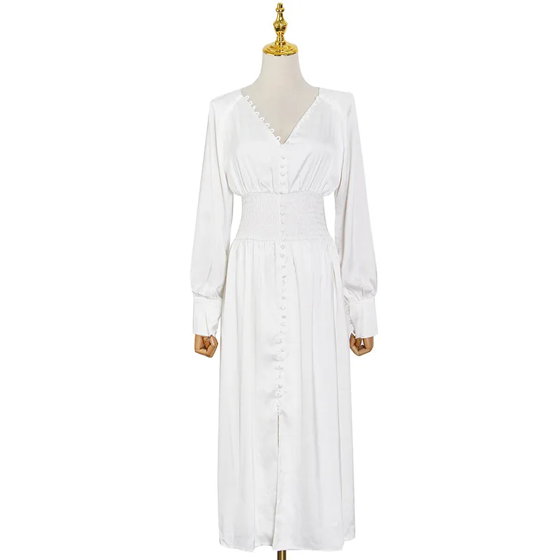 

2021 summer new workplace solid color single breasted V-neck high waist slim long waist dress