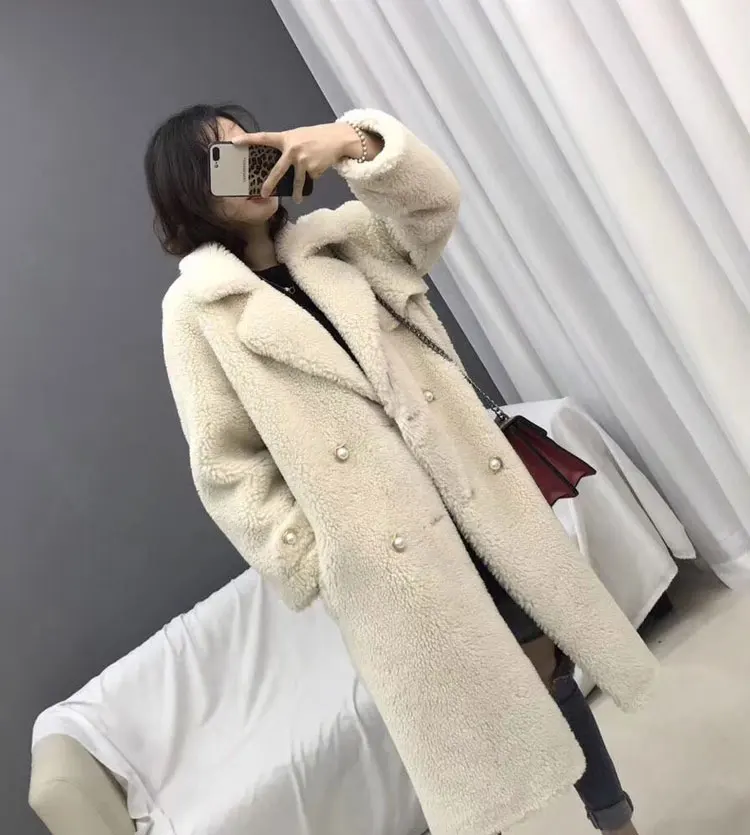 beige Овечья стрижка пальто костюм воротник женская зимняя замшевая кожаная длинная куртка шерстяное пальто натуральная лампа меховое пальто - Цвет: beige