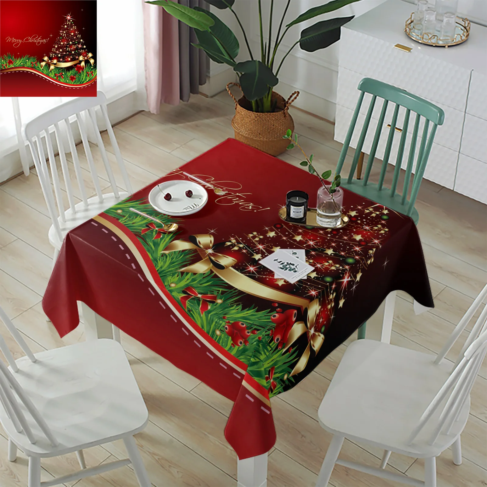 Merry Christmas Tree Waterproof Tablecloth Rectangular Wedding Table Decor Dinning Cover | Дом и сад