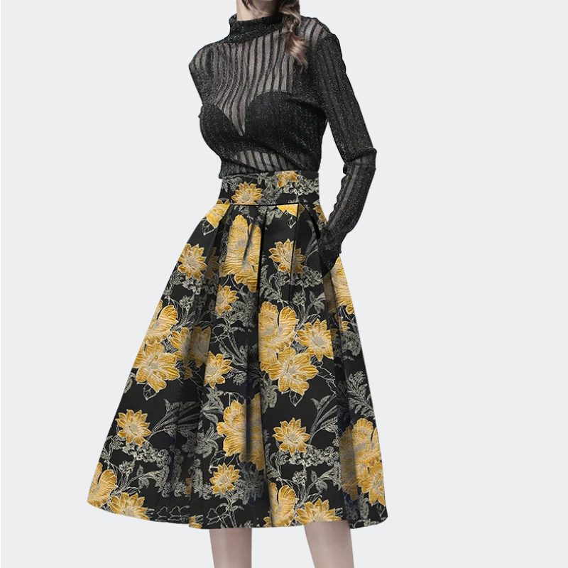

Fashion Jacquard Puffy Pleated Skirts Women Clothing 2021 Vintage Spring Embroidery Female Elegant French Mid Long Skirt Summer