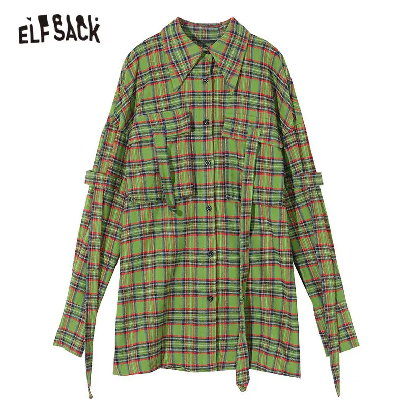 ELFSACK, Клетчатая блуза с графикой на спине, женская рубашка, осень, однобортная, с заниженным плечом, на шнуровке, с рукавом, женские топы