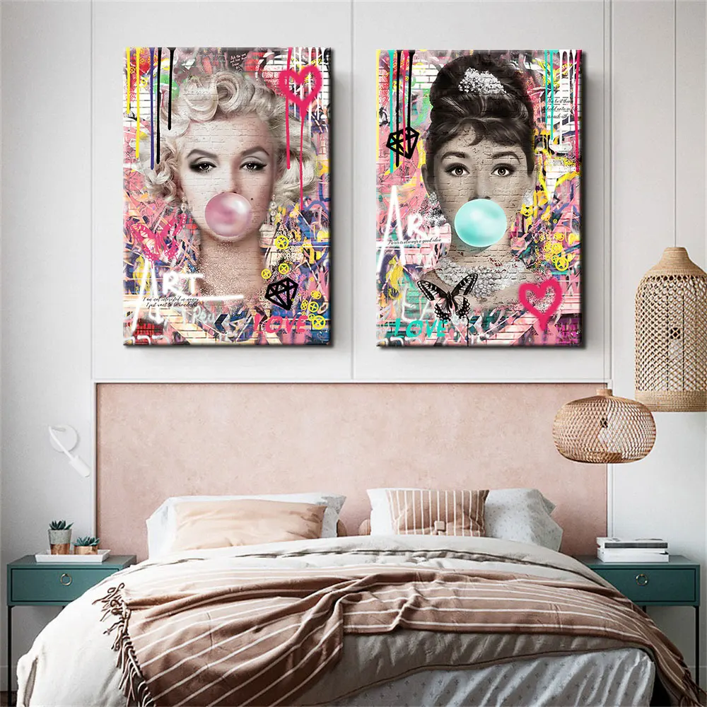 

Pink Blue Bubble Trouble Graffiti Famous Woman Poster Wall Pop Art Print Canvas Painting Picture For Living Room Home Decoration