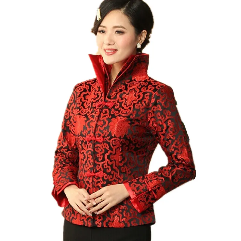Черно-красный женский Шелковый Атласный жакет в традиционном китайском стиле