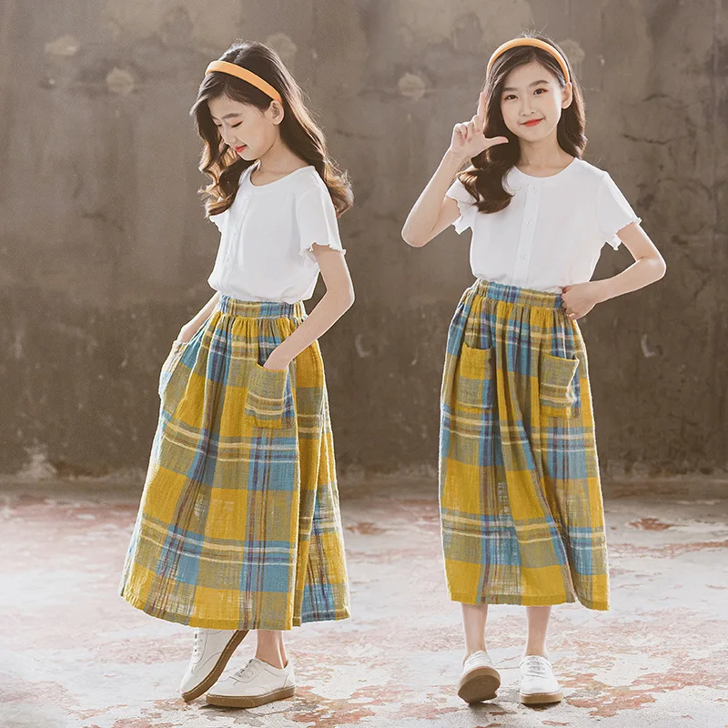 

5 To 17 Years Teenager Girls Plaid Cotton Long Skirts Clothes Fashion Loose Girl Skirt Children Spring Summer Bottoms Clothing