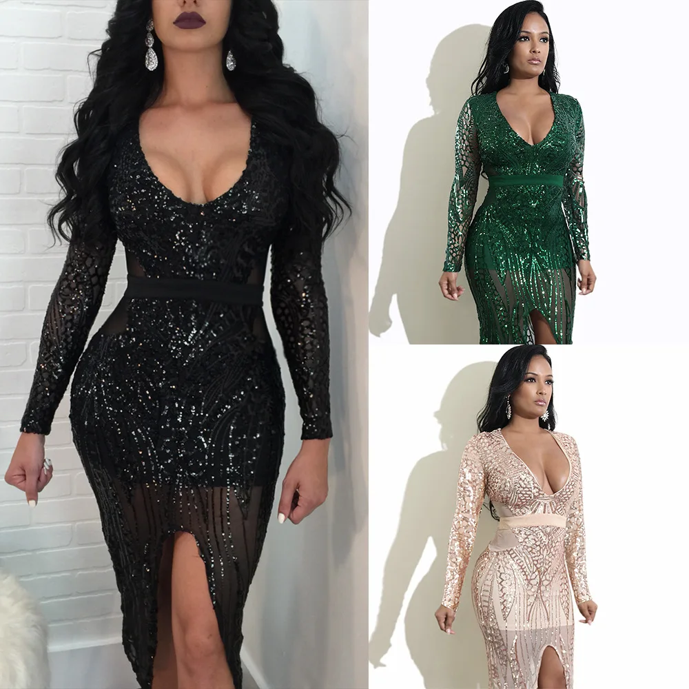 Женское облегающее платье сексуальное с длинным рукавом Сетчатое кружевное