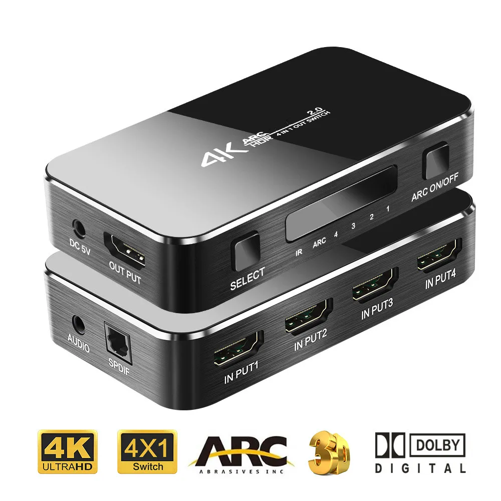 Коммутатор совместимый с HDMI 2 0 4K сплиттер переключатель 4 в 1 ARC и IR управление для