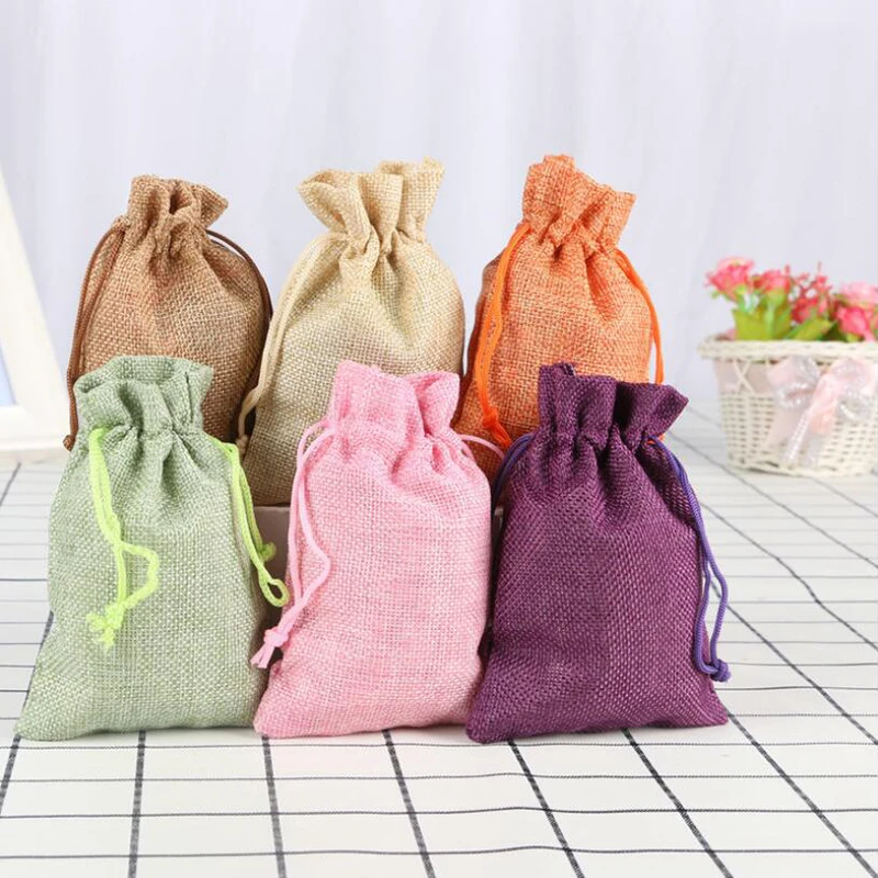 10PCS/Set Burlap Packing Pouches Paper Price Tags And Hemp Cord Twine String Drawstring Bags For Jewelry Display 9x12cm - купить по