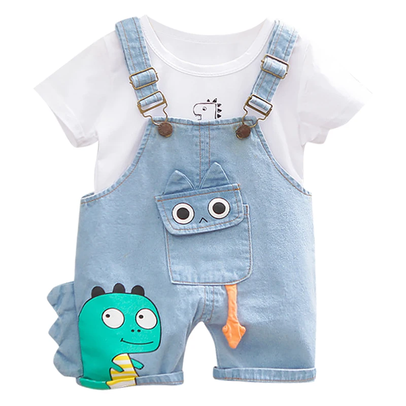 

2021 summer new Baby girls boys suit short-sleeved Dinosaur cartoon Top+ denim overalls two-piece summer suit