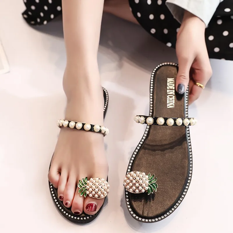 Сандалии женские с ананасовым жемчугом босоножки кольцом плоская подошва