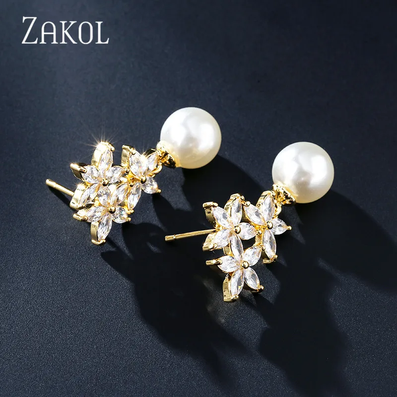 ZAKOL модные серьги белого цвета с фианитами и искусственным жемчугом серьги-капли