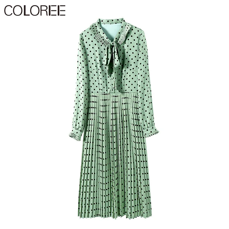 

Vintage Draped Polka Dot Pleated Midi Dresses for Women Spring Korean Elegant Fashion Bow Long Sleeve Chiffon Dress Vestidos