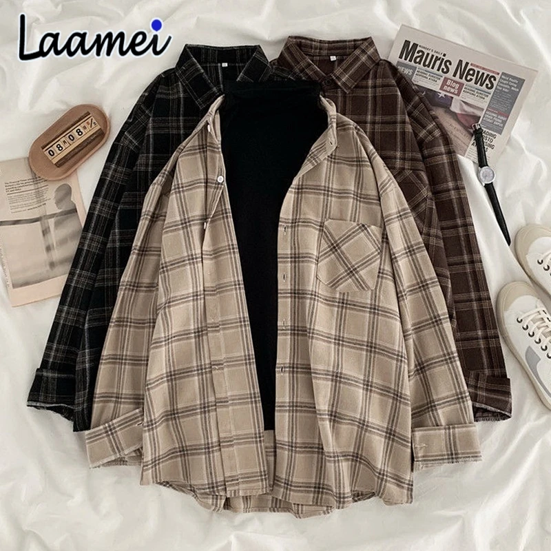 

Laamei Women Shirt Plaid Oversize 3XL Turn-down Collar Leisure Fashion Loose All-match Womens Long Sleeves Soft Chic Korean Tops
